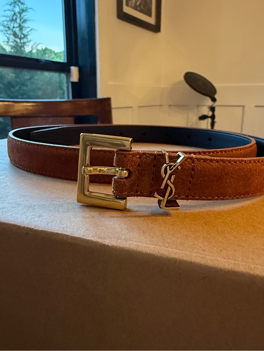 Saint Laurent Suede Women's Belt in Brown with Gold Hardware